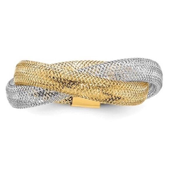 14K Two-tone Gold Woven Mesh Stretch Ring - Picture 4 of 5